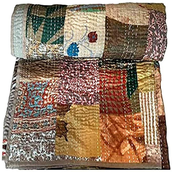 Rajasthaniartdecor 인도 핸드메이드 빈티지 실크 사리 파톨라 에스닉 양면 담요 침대보 스로우 스티치 패치워크 칸타 퀼트 (그린 싱글 152.4 x 228.6cm, 브라운, Poster 40x60 Inch