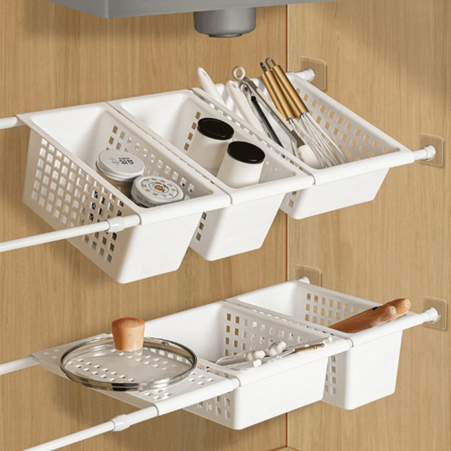 5종세트 이지유 DIY 싱크대 하부장 정리 무타공 압축봉 선반 바구니, 화이트 U자형