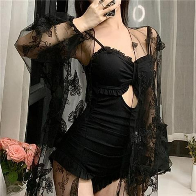 高級感連體泳衣 純欲風長袖防曬罩衫 學生少女泳裝, 1個, 8369黑色（套裝）XL碼 (適合108-125斤)