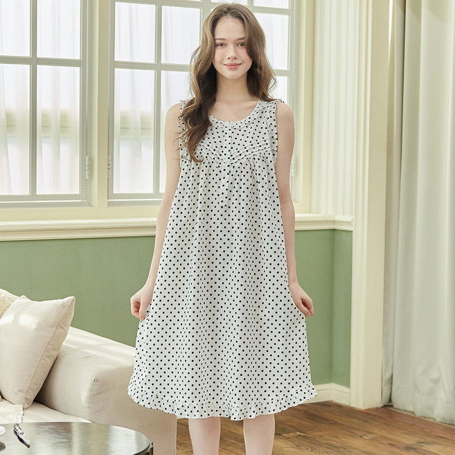 메이플라워 프렌치도트 나시 순면 여성 빅사이즈 잠옷 홈웨어 원피스 잠옷