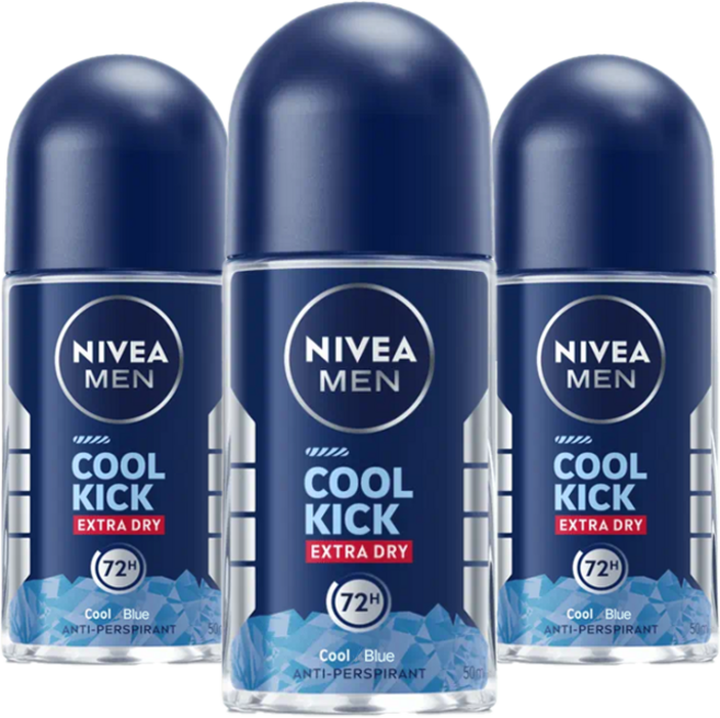니베아 남성용 쿨 킥 엑스트라 드라이 블루 48 잼 롤 온 데오드란트, 3개, 50ml