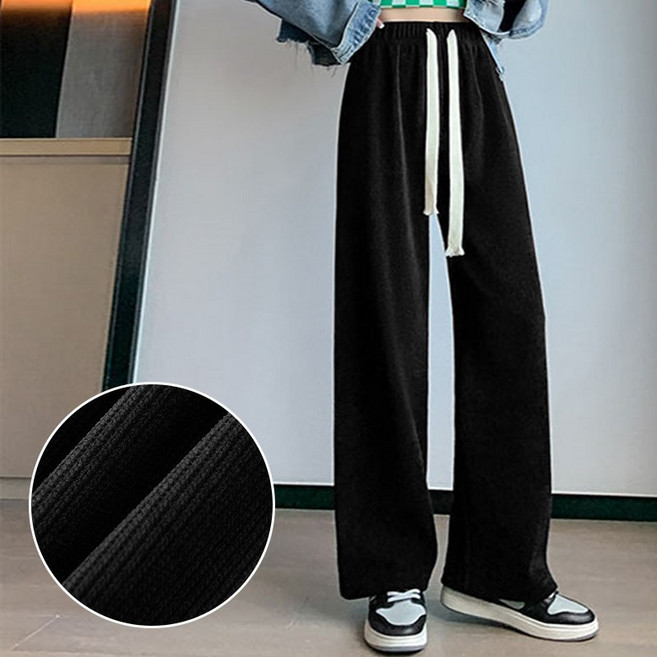 패션파트너 여성용 기모 코듀로이 와이드 스트링 팬츠 골덴 바지 밴딩 트레이닝복 하의