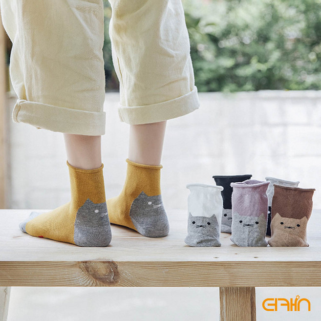 더캣 프릴미들삭스 여성양말 프릴밴드 무압박 통돌이양말 고양이캐릭터냥말 양말선물세트 퍼플컬러