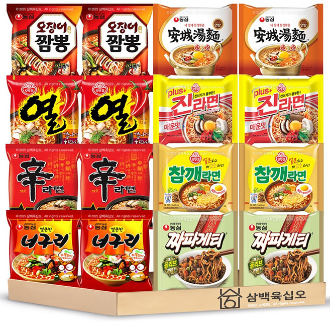 봉지라면 16개세트 신라면 2개 + 진라면 매운맛 2개 + 안성탕면 2개 + 오징어짬뽕 2개 + 너구리 2개 + 짜파게티 2개 + 열라면 2개 + 참깨라면 2개