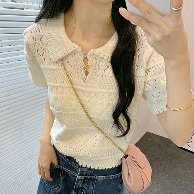 AURALA 여성 여름 시스루 펀칭 니트 반팔 여자 예쁜 카라넥 반팔티 데이트룩