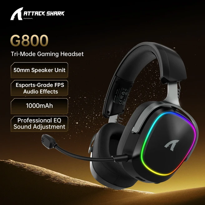 ATTACK SHARK G800 무선 게이밍 헤드셋 7.1 RGB 50mm 드라이버 2.4G/블루투스/유선 낮은 지연율 탈부착 가, 01 검정색