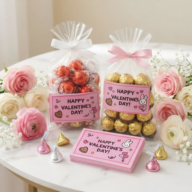 발렌타인데이 기프트 포장 데코 카드 15매 + 투명 opp봉투 15매 / 선생님 친구 커플 직장동료 초콜릿 선물, 1세트, 1.해피래빗 연핑크