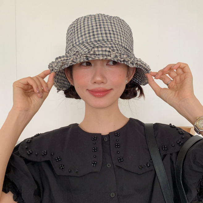 HALOPICK 여성 체크 프릴 버킷햇 여름 면 벙거지 모자