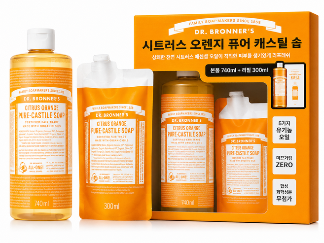 닥터브로너스 퓨어 캐스틸 솝 오렌지 740ML+300ML, 3개, 1.04L