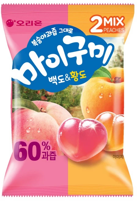 오리온 복숭아과즙 그대로 마이구미 백도&황도, 9개, 97g - 쿠팡