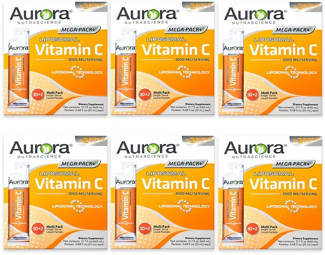 오로라 리포조말 메가팩플러스 비타민C 3000mg 32포 리포좀 리포솜 고함량 고용량 비타민씨 메가도스, 640ml, 6개 - 쿠팡