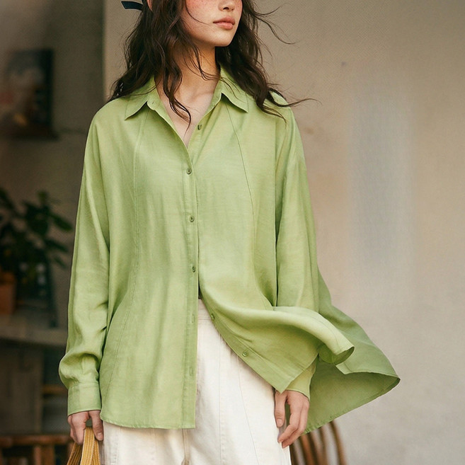 여성 블라우스 그린 텐셀라이크 툭툭 가벼운 터틀넥 루즈핏 캐주얼 긴팔 셔츠 아우터 상의 YH2602416