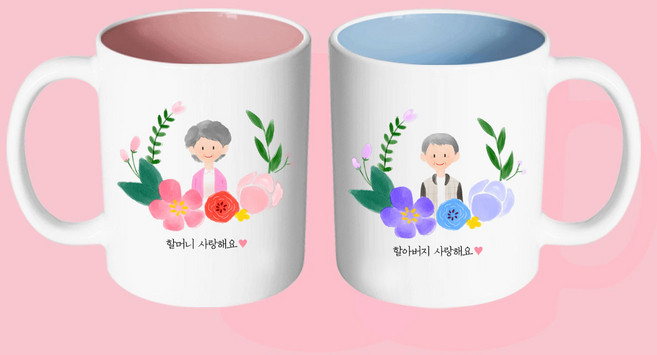 핸드팩토리 파스텔러브 할머니 할아버지 사랑해요 머그컵 2P커플세트+2P선물박스, 블루+핑크 머그컵, 1개