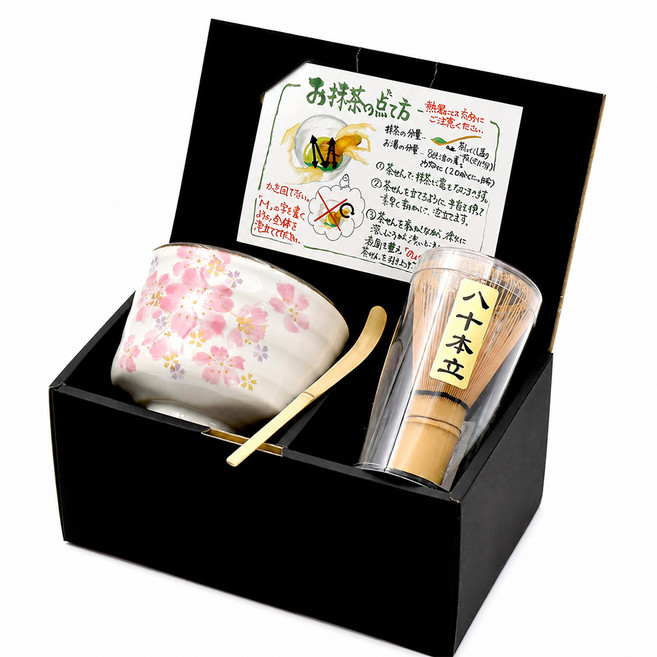 日本 美濃燒日式抹茶茶杯器具禮盒 櫻花 花工房 (2款任選), 花祭櫻花抹茶套裝, 1套, 抹茶碗 茶盞 茶匙