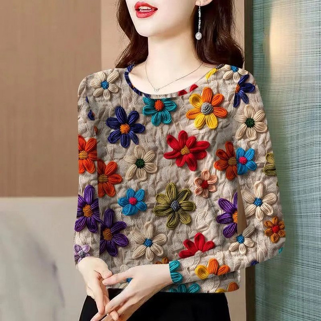 여성 자수 꽃 원단 긴팔 상의 패셔너블 캐주얼 스타일XG05