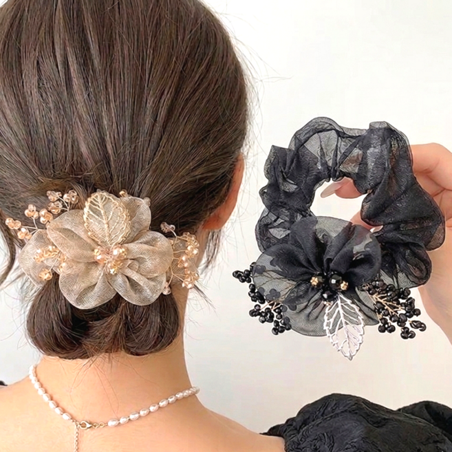 테일스타 플라워 실크 2종세트 곱창밴드 똥머리 스크런치 곱창 혼주 머리끈