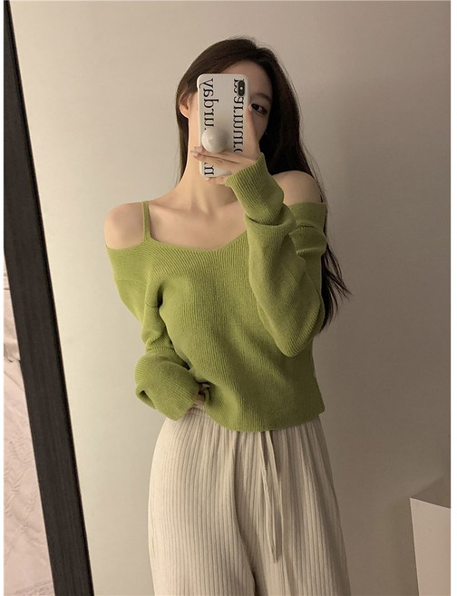 [아롬블룸] 오프숄더 어깨 끈 긴소매 니트