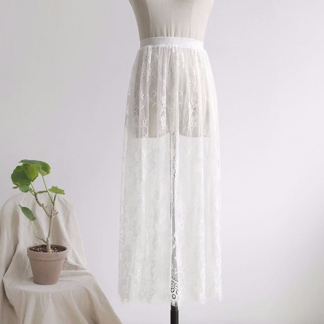 COSYEVNO 여자 시스루 레이스 레이어드 밴딩 롱스커트 커버업