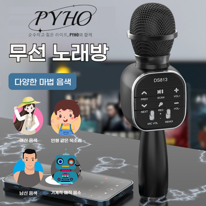 PYHO 무선 블루투스 마이크 가정용 노래방 고음질 음향, 블랙, DS813