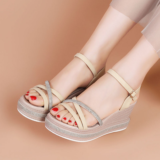 WEIHAN 여성 여름 크로스 스트랩 키높이 샌들 웨지힐 쿠션 가죽 샌들 하이힐 8센티 샌들