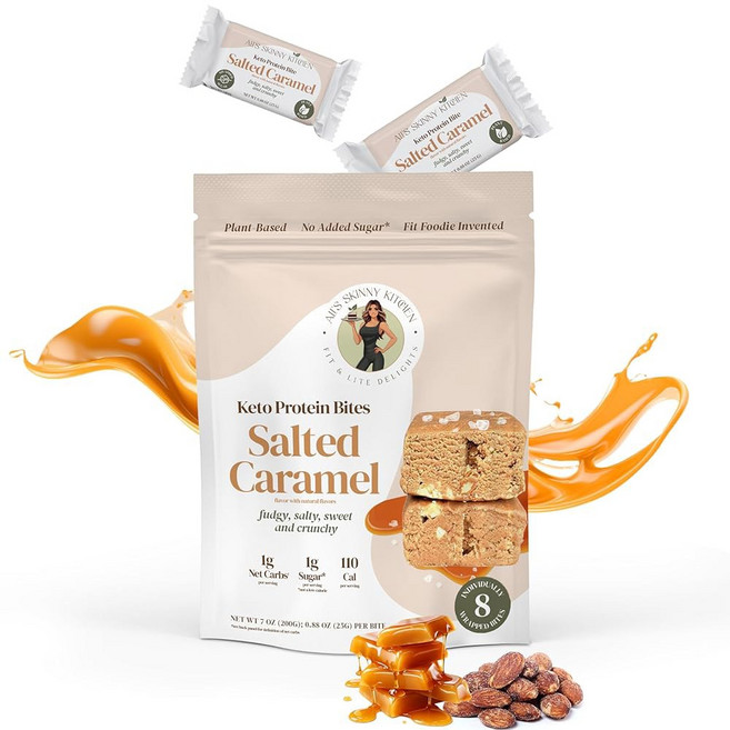 키토 단백질 바 바이트 솔티드 카라멜 비건 무설탕 저탄수화물 8개입, 솔티드 캐러멜, 8 Count (1 Pack), 1