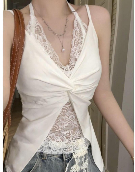 純欲性感蕾絲掛脖吊帶背心女 帶胸墊外穿打底修身顯瘦上衣