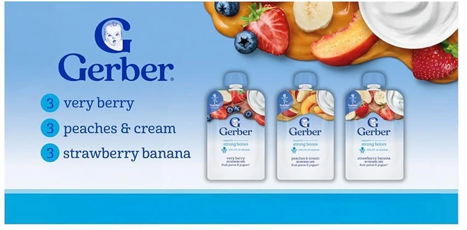 Gerber 유아용 식품 베리 베리 복숭아 & 크림 딸기 바나나 과일 퓨레 및 요거트 파우치 칼슘은 뼈를 튼튼하게 지지하는 데 도움이 되며 인공 향료 없음 9팩, Gerber 유아용 식품, 베리 베리, 복숭아 & 크림, 99g - 쿠팡