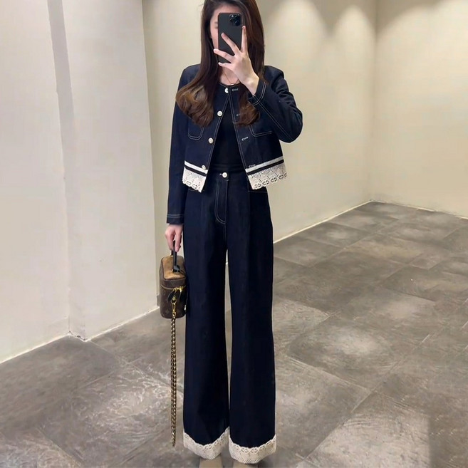 [웨일쓰]여성 진청 데님 세트업 자켓 와이드 팬츠 2종세트 레이스 긴팔 상의 통바지 투피스 세트 코디 캐주얼룩 출근룩 데일리룩