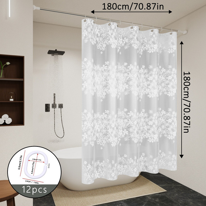 1pc 하얀 꽃 샤워 커튼 방수 PEVA 로맨틱 욕실 장식 반투명 샤워 커튼, 1개, 흰색 만화