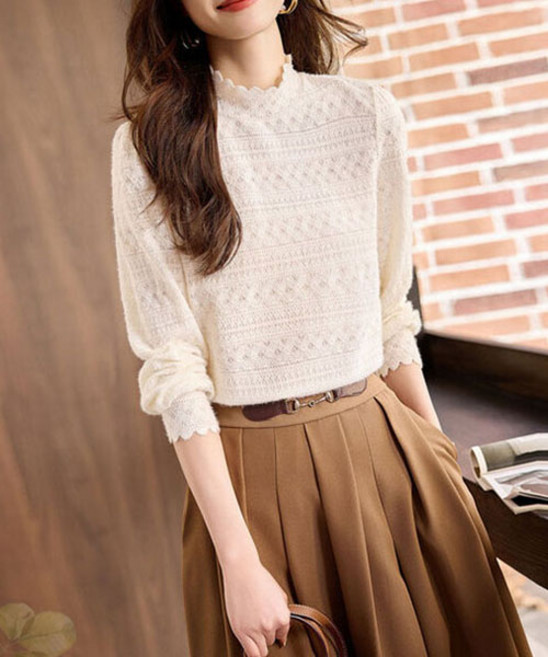 [루씨앤] 나린 여성 블라우스 가을 겨울 니트 긴팔 반폴라 긴팔 물결 하객룩 2827