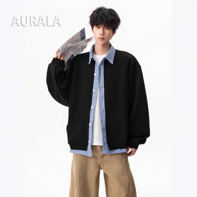 AURALA 남성 루즈핏 캐주얼 맨투맨 셔츠 칼라 레이어드 긴팔 맨투맨 티셔츠