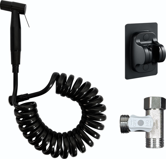 욕실 스프레이건 세트 EVA 황동스프링호스 + 접착식 거치대 + 황동 T 밸브, 블랙, 3.5m