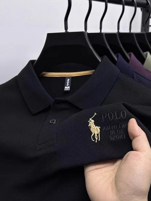 男士純色翻領刺繡短袖T恤衫 夏季休閒百搭Polo衫 黑色