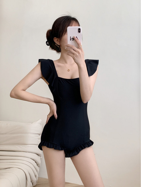 新款ins風小飛袖連體泳衣 遮肚顯瘦 度假溫泉適用, 黑色,XL