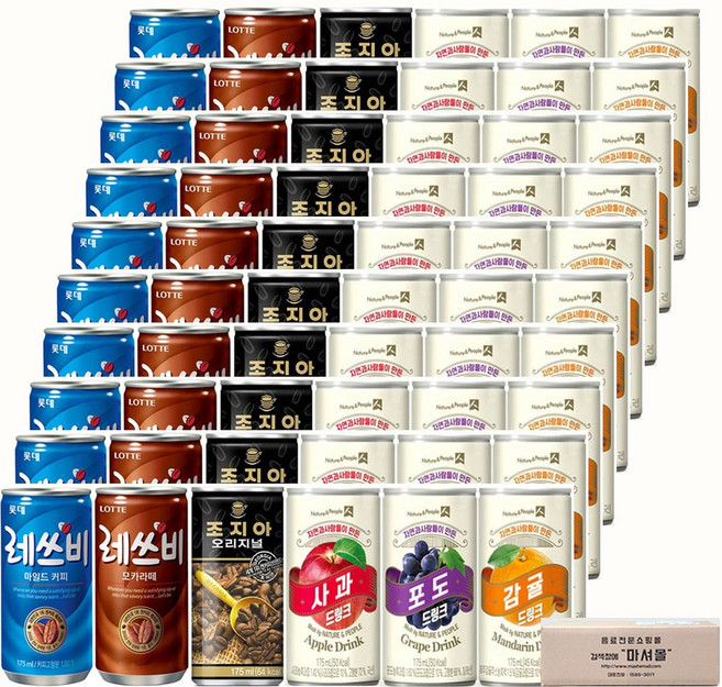 (캔커피+주스 미니캔 혼합세트 6가지맛 각10캔씩 총60캔) (레쓰비마일드+레쓰비모카+조지아오리지널)+(제주감귤+사과+포도), 175ml, 60개