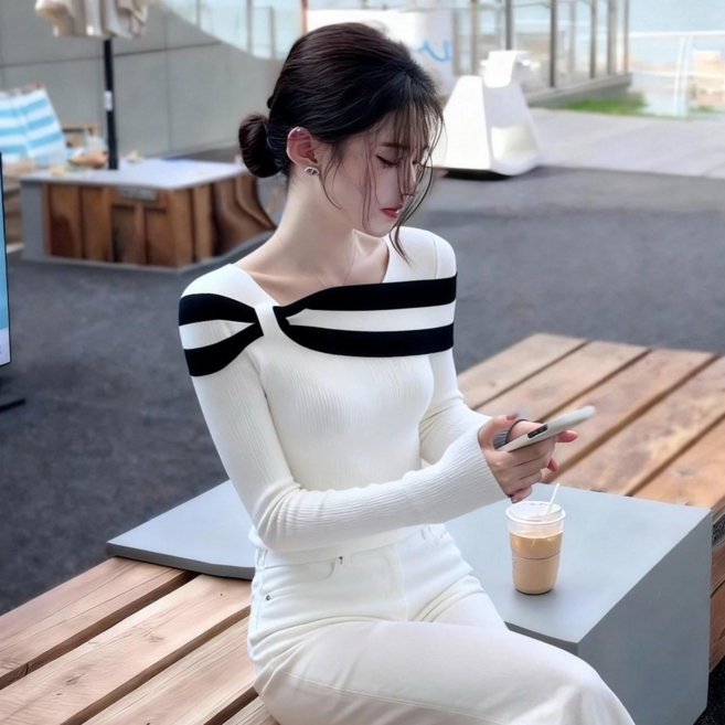 야오야오 숄더 배색 레이어드 슬림핏 골지 니트