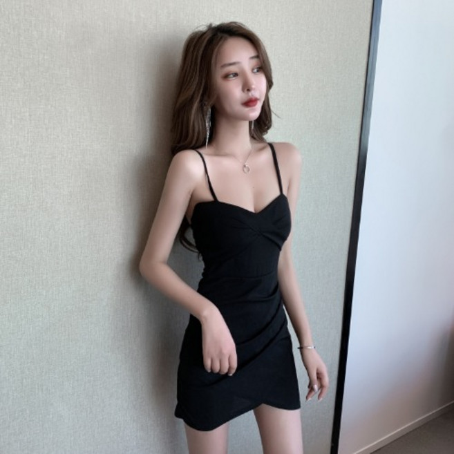 Makone 여름 루즈핏 끈나시 딥 브이넥 섹시 미니원피스 유혹 민소매 셔링 홀복 클럽의상 이벤트복 파티룩