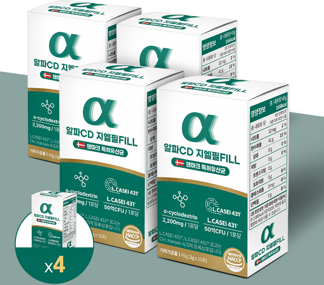 알파CD 지엘필 FILL 알파시클로덱스트린 GLP-1 덴마크 특허 유산균 L.CASEI431 3g x 15포, 15회분, 4박스