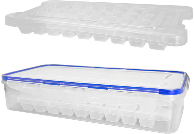 按壓式製冰盒 帶蓋防異味 輕鬆取冰 安全衛生, 1個, 食品級冰塊盒 雙層72格,附密封蓋子+冰鏟, 透明