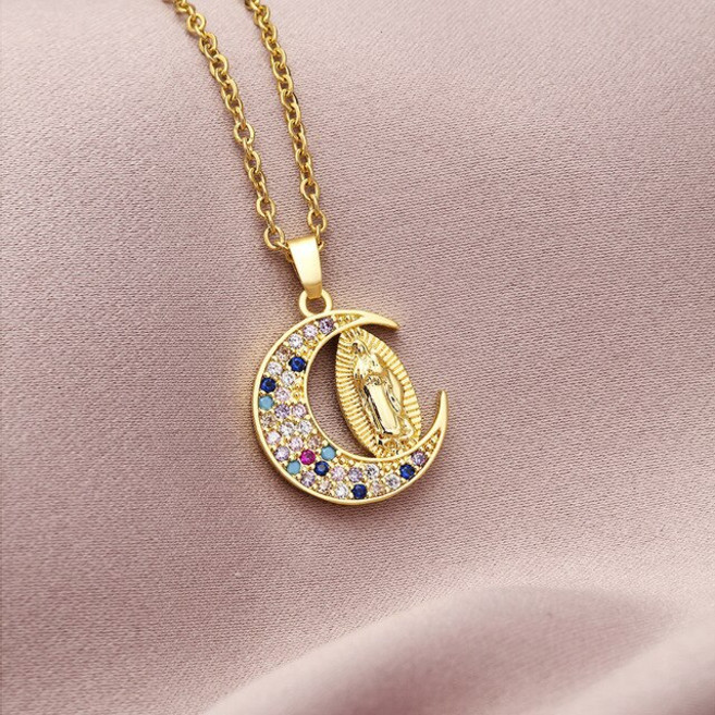 천주교정교한 패션 가톨릭 성모 마리아 목걸이 다채로운 달 펜던트 종교 신앙 신 보석 여성 개성 선물, 01 multicolour, 1개