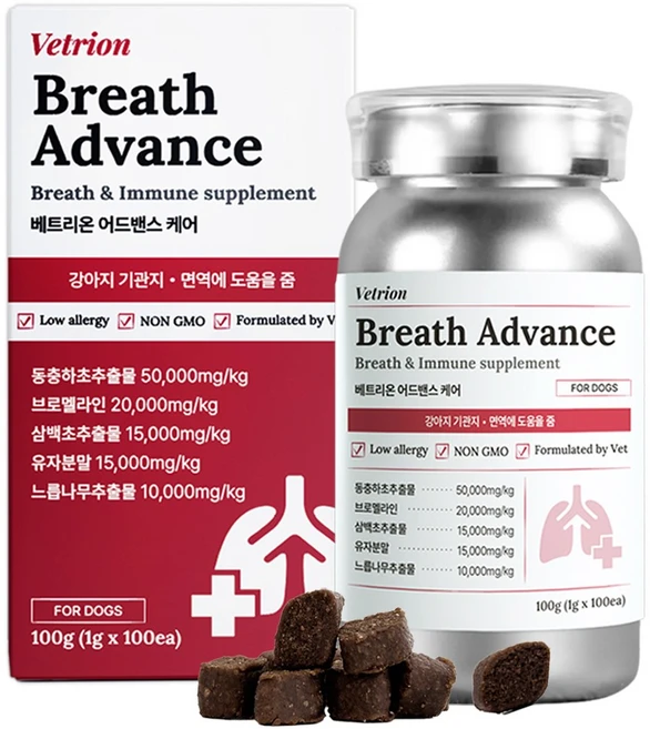 베트리온 강아지 기관지 영양제 기침 호흡기 켁켁거림 거위소리, 1개, 호흡기/기관지, 100정 - 쿠팡