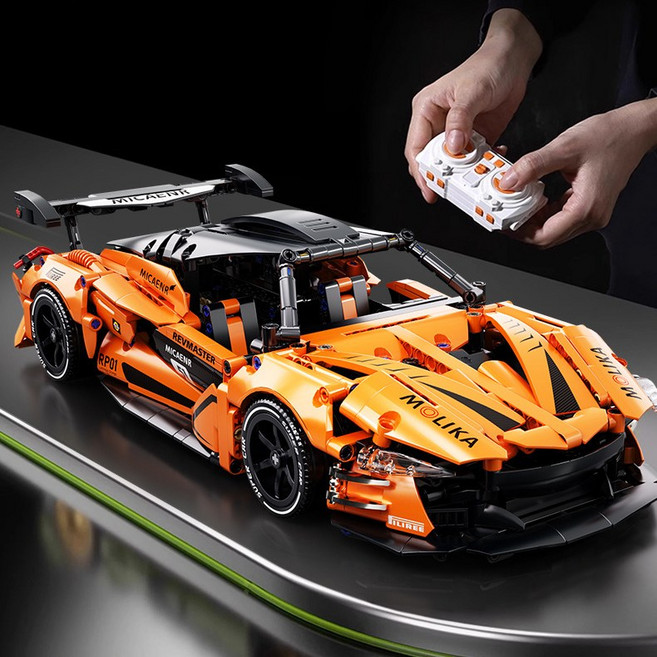 테크닉 호환블럭 맥라렌 슈퍼카 리모컨작동+LED등 레이싱카 호환블럭 생일선물, 오렌지, 1개