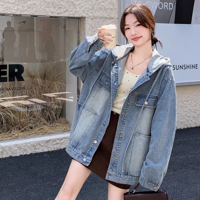 중년여성 옆지퍼 자수 후드 집업 데님 재킷 봄가을용 빅포켓 청자켓 빅사이즈 트렌치 코트