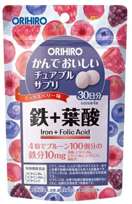 ORIHIRO 咀嚼糖 30日 維他命C鈣乳酸菌藍莓葉黃素鐵葉酸水果軟糖, 1個, 鐵＋葉酸, 120顆