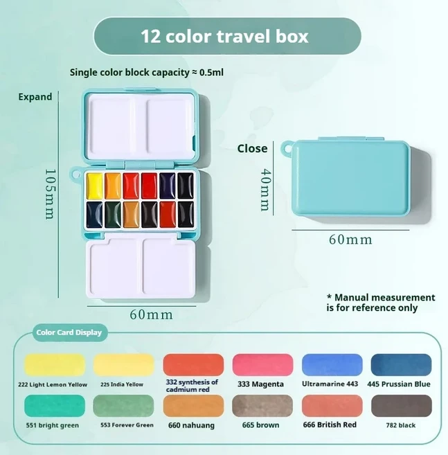 휴대용 12/24색 수채화 물감 세트 슈민케 미니 팔레트 여행용 스케치 미술 용품 수채화 물감 패키징, 02 12 Colors 0.5ml
