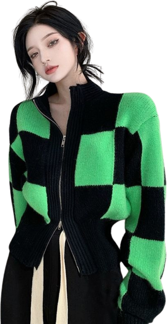 여성용 라이크 바둑판 체크 니트 아우터 그린 니트 가디건 뉴타임즈 D921A391