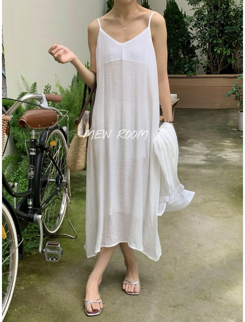 MEW ROOM 棉麻細肩帶長洋裝 透氣舒適 修身顯瘦 白色, 白