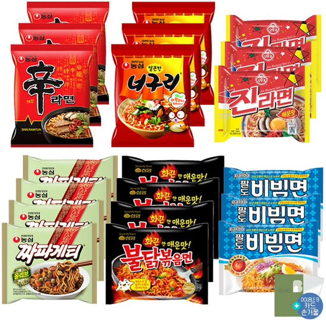 더블비 봉지라면 6종 20개입 (짜파게티 4개+불닭볶음면 4개+팔도비빔면 3개+너구리 3개+신라면 3개+진라면 매운맛 3개)+더블비카드거울, 2세트