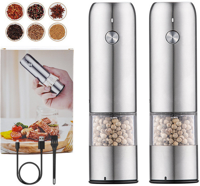 미니 전기 소금과 후추 분쇄기 USB 충전식 한 손으로 작업 스테인레스 스틸 스파이스 밀 주방, 02 569A 2pcs, 1개