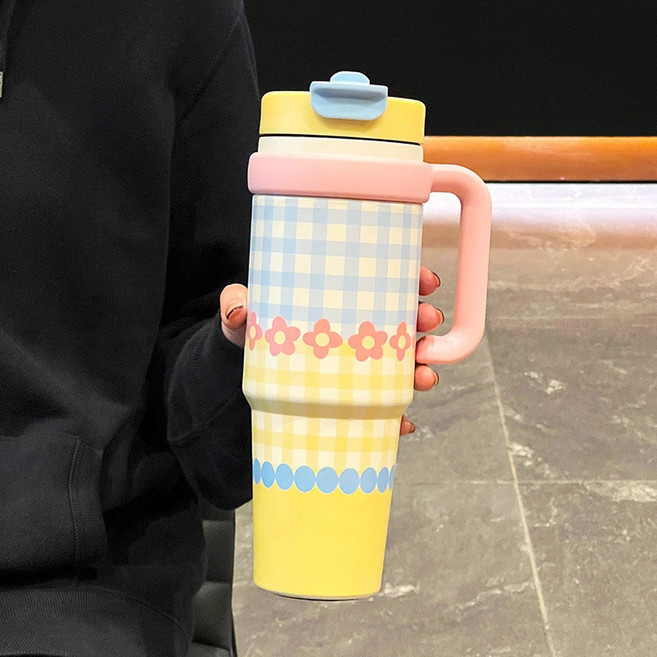 1000ML 保溫杯 吸管水壺 黃波點, 黃色格子, 1套